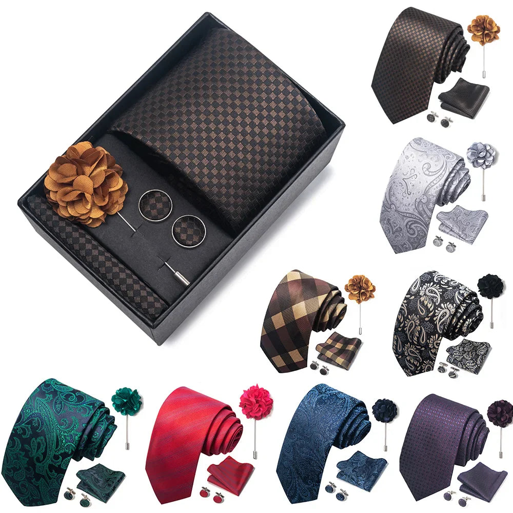 Designer Paisley Tie Set: Blue Red Green Necktie, Pocket Square, Cufflinks, Brooch