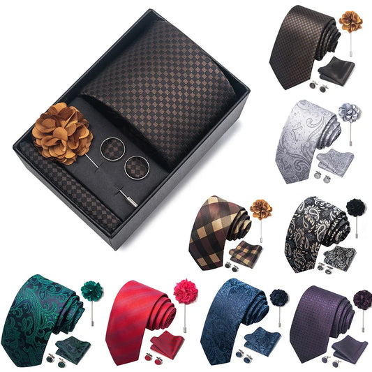 Designer Paisley Tie Set: Blue Red Green Necktie, Pocket Square, Cufflinks, Brooch
