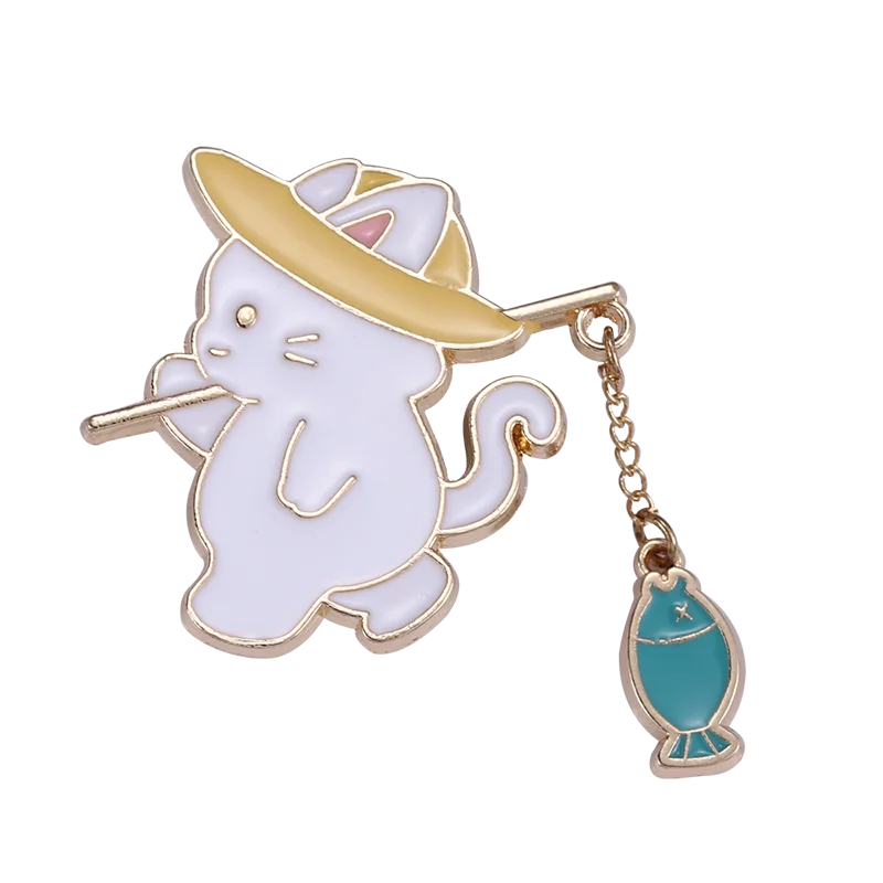 Cat Fishing Rabbit Enamel Pin Brooch Jewelry Lapel Pin Gift