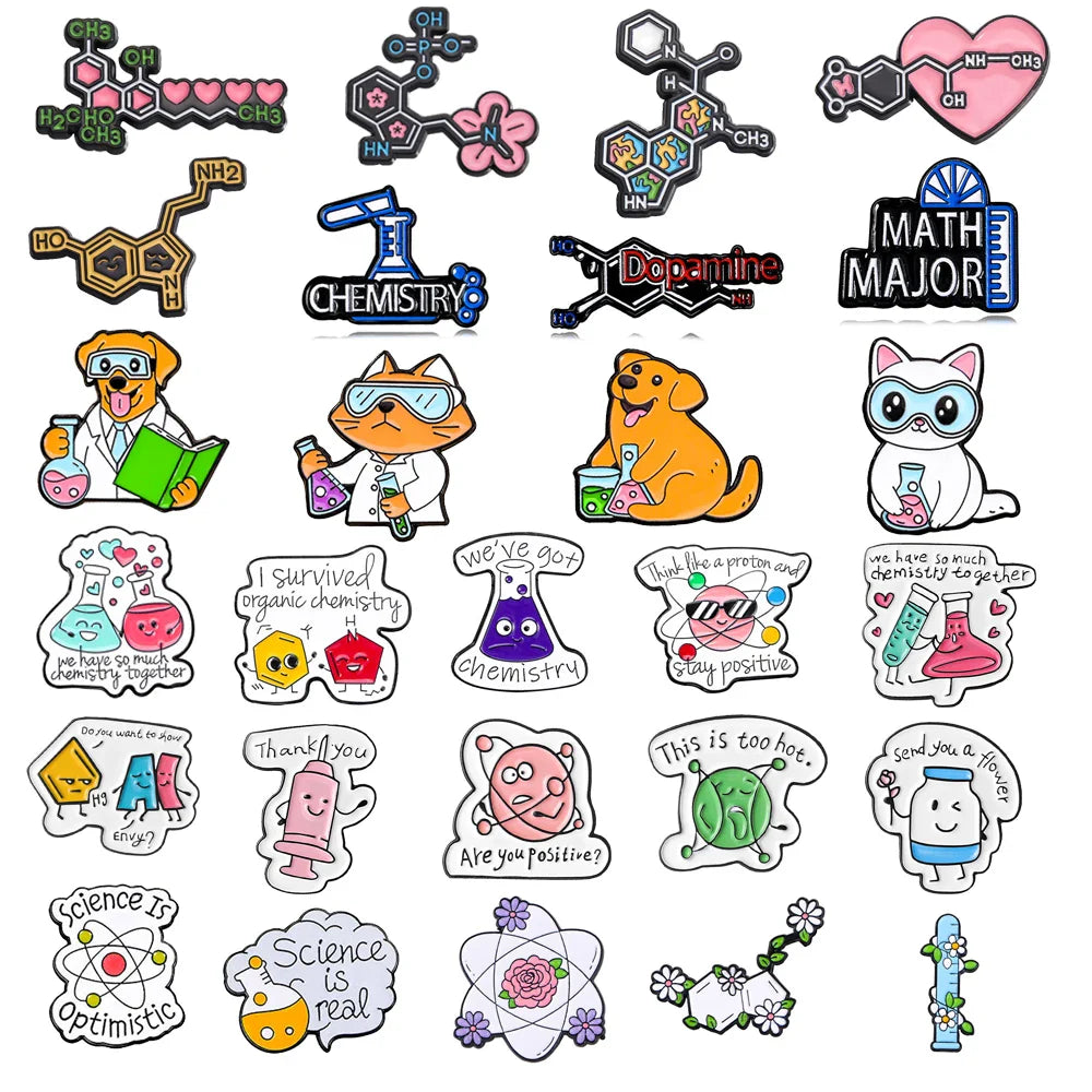 Chemical Metal Brooch Molecular Flower Dopamine Cat Dog Science Syringe Chemistry Badge Pins Jewelry