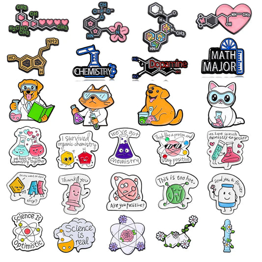 Chemical Metal Brooch Molecular Flower Dopamine Cat Dog Science Syringe Chemistry Badge Pins Jewelry
