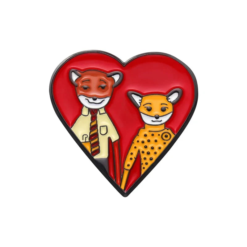 Mr Fox Heart Brooch Enamel Pin Love Movies Animal Gift Badge Lapel Hat Backpack Jewelry