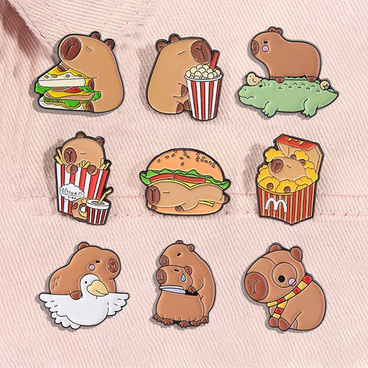 Capybara Enamel Pin Cartoon Hippo Hamburger Fries Brooch Lapel Badge Gift