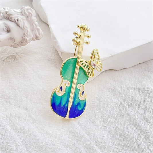 Blue Enamel Violin Brooch Rhinestone Pin Jewelry Gift