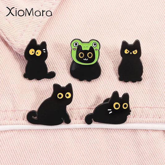 Kawaii Black Cat Enamel Pins Cute Frog Kitten Brooch Lapel Badge Jewelry Gift