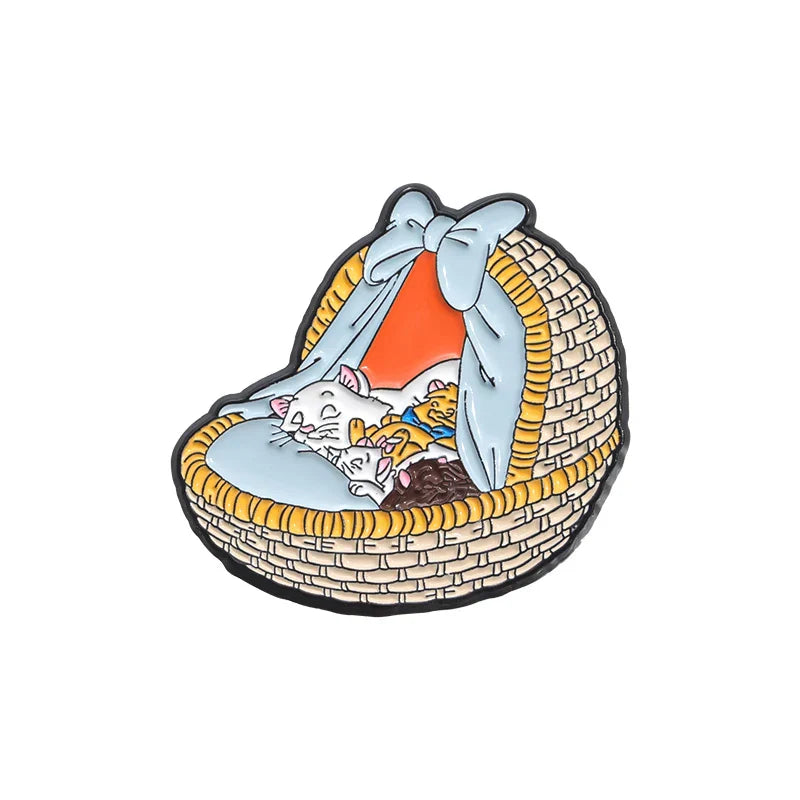 Cats Sleeping Basket Enamel Pins Cartoon Animal Jewelry Gift