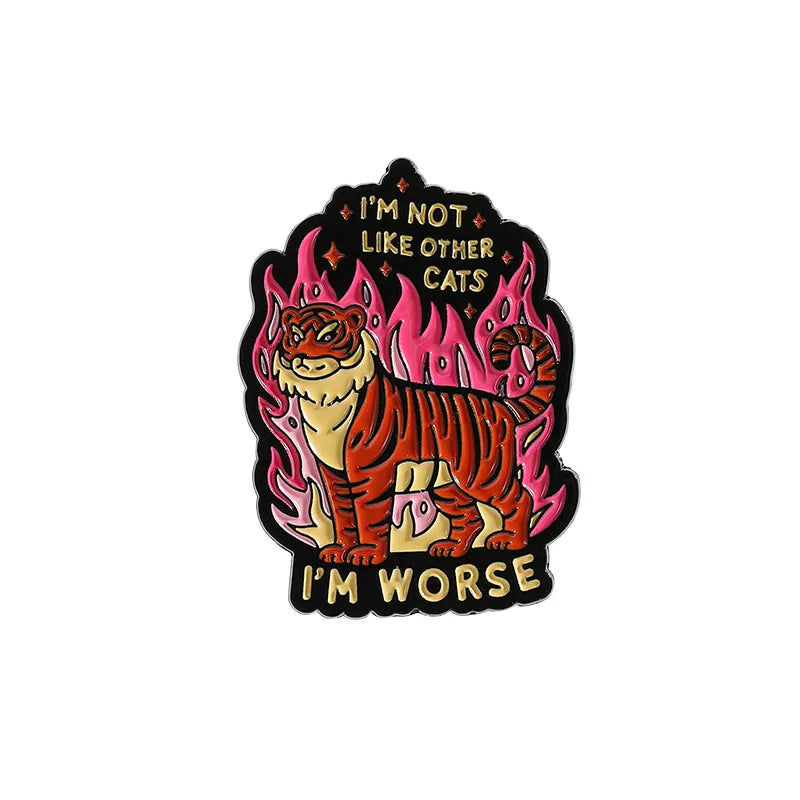 Horror Skull Fire Enamel Pin Tiger Cat Brooch Punk Jewelry Gift