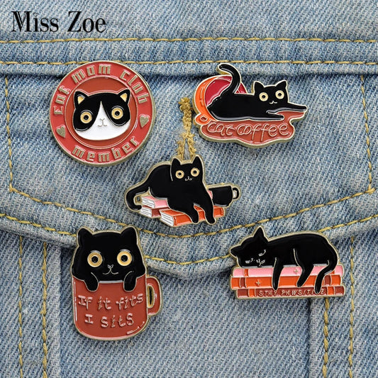 Cat Mom Enamel Pin Sleeping Kitten Coffee Books Brooch Lapel Badge Cat Jewelry Gift