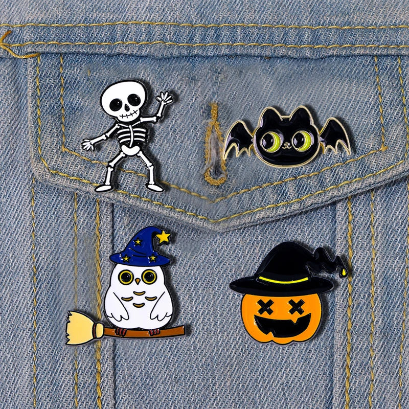 Dance Skeleton Enamel Pins Magic Broom Owl Bat Pumpkin Hat Brooch Punk Lapel Jewelry Gift