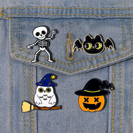 Dance Skeleton Enamel Pins Magic Broom Owl Bat Pumpkin Hat Brooch Punk Lapel Jewelry Gift