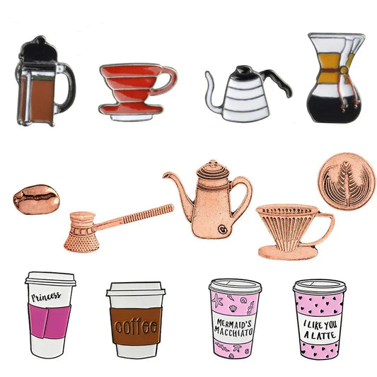 Coffee Enamel Pins Bean Pot Cup Latte Cappuccino Brooch Lapel Badge Gift for Barista
