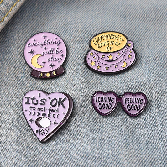 Purple Heart Moon Phase Coffee Enamel Pins Motivational Brooches for Women Bag Clothes Lapel Pin Badges Wholesale