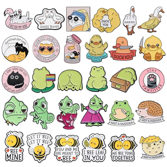 Cute Cartoon Animal Enamel Pins: Chameleon, Bee, Duck, Frog, Cat Lady Brooches, Lapel Badge Gifts