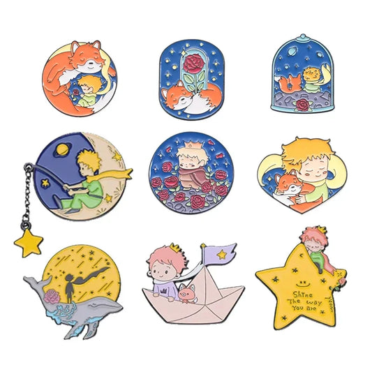 Cute Boy Fox Enamel Pins Moon Star Whale Brooch Lapel Badge Gift