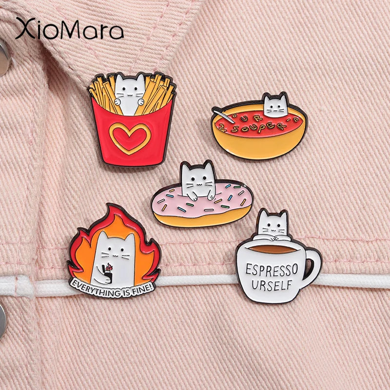 Espresso Urself Enamel Pins Cat Donut French Fries Soup Brooches Lapel Badge Cartoon Jewelry Wholesale