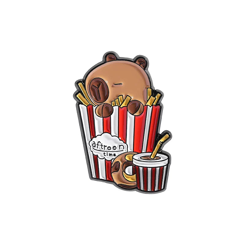 Capybara Enamel Pin Cartoon Hippo Hamburger Fries Brooch Lapel Badge Gift