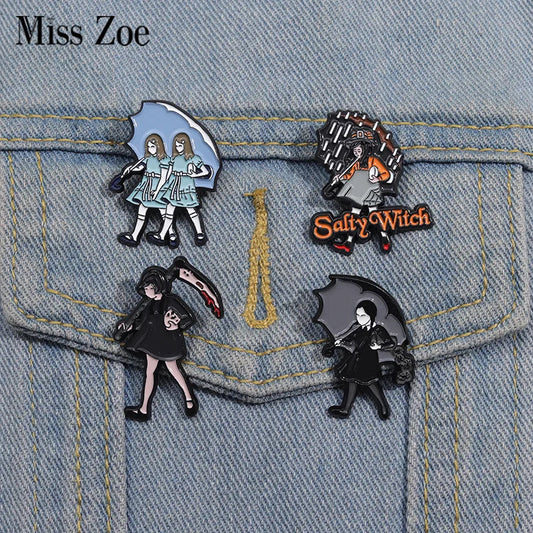 Horror Movie Enamel Pins - Salty Witch Girl Umbrella Brooch Lapel Badge Gothic Jewelry Gift