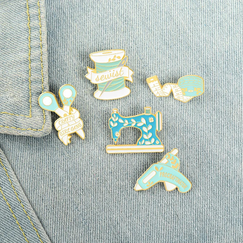 Sewing Machine Tape Measure Scissors Enamel Brooch Lapel Pin Metal Badge Accessories