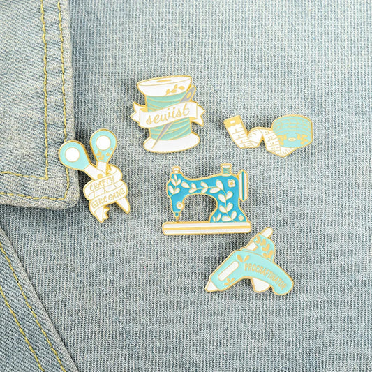 Sewing Machine Tape Measure Scissors Enamel Brooch Lapel Pin Metal Badge Accessories
