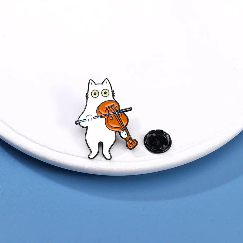 Musical Cat Enamel Brooches Bass Guitar DJ Kitten Pins Gift