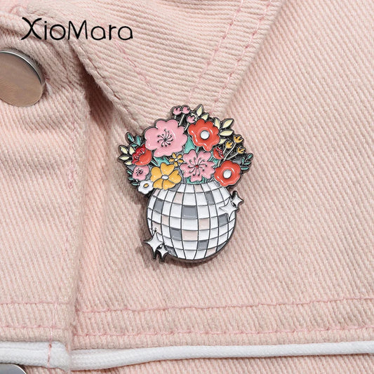 Disco Ball Flower Planter Enamel Pin Brooch Lapel Badge Jewelry Gift