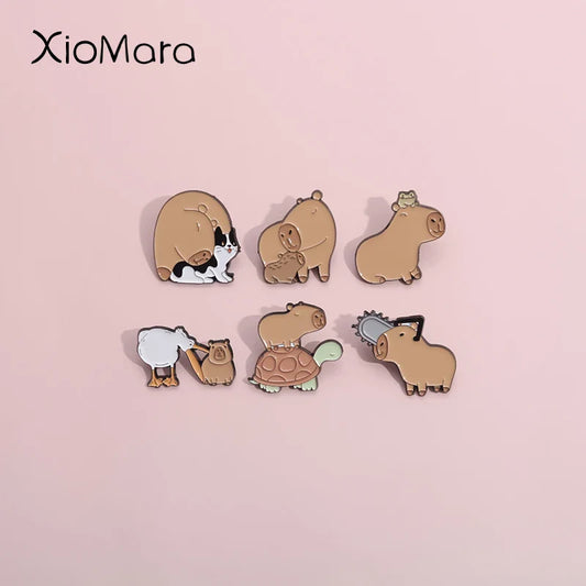 Cartoon Capybara Turtle Cat Enamel Pins Cute Pufferfish Brooches Lapel Badges Jewelry Gift