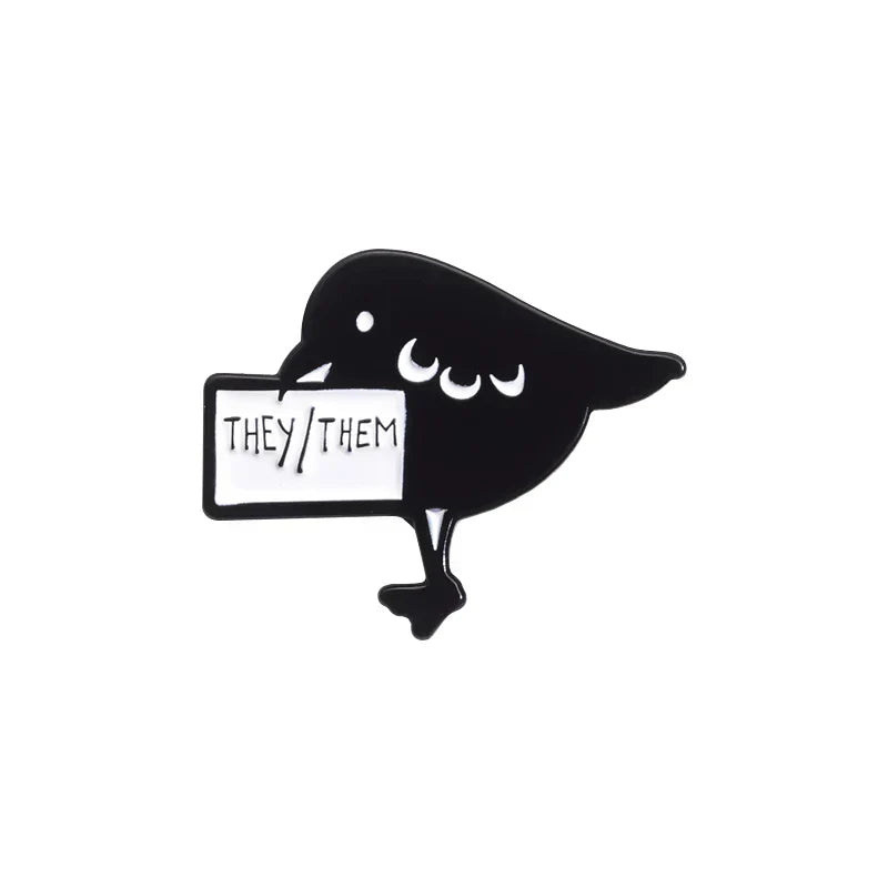 They/Them Pronoun Enamel Pins Cartoon Crow LGBT Pride Brooch Lapel Badge Animal Jewelry Gift