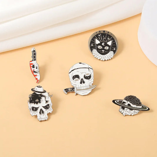 Black Cat Skull Enamel Pin Brooch for Clothes and Backpacks