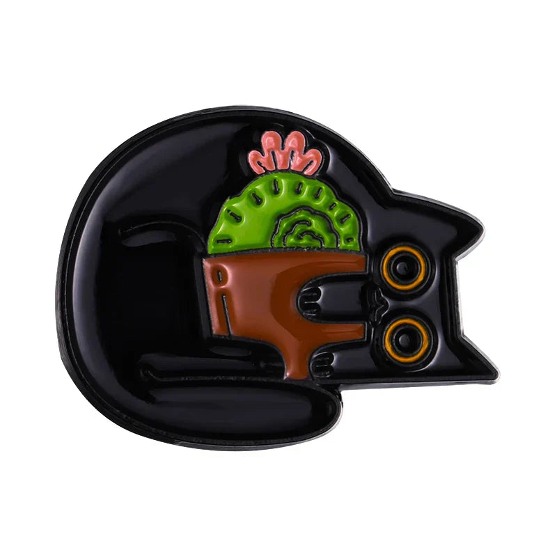 Black Cat Enamel Pin Cactus Brooch Lapel Badge