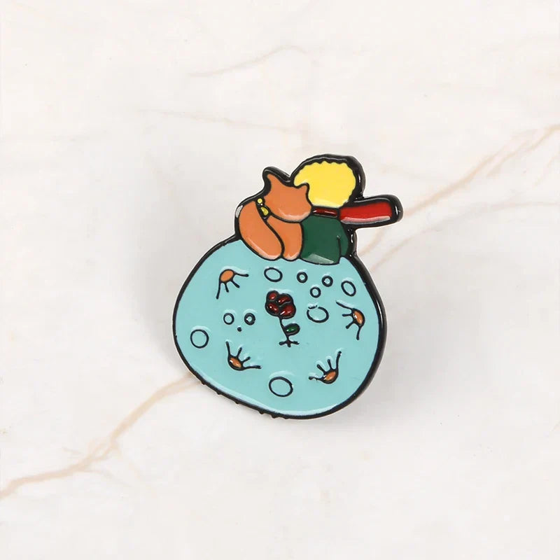 Fox Rose Fairy Tale Enamel Brooch Pin