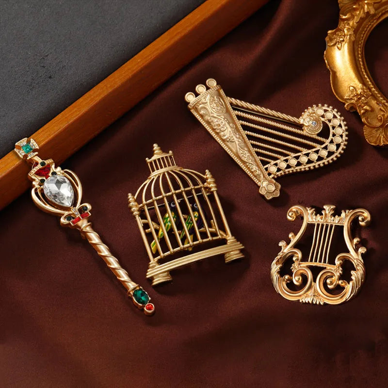 Baroque Gold Scepter Birdcage Brooch Musical Instrument Pin Accessory