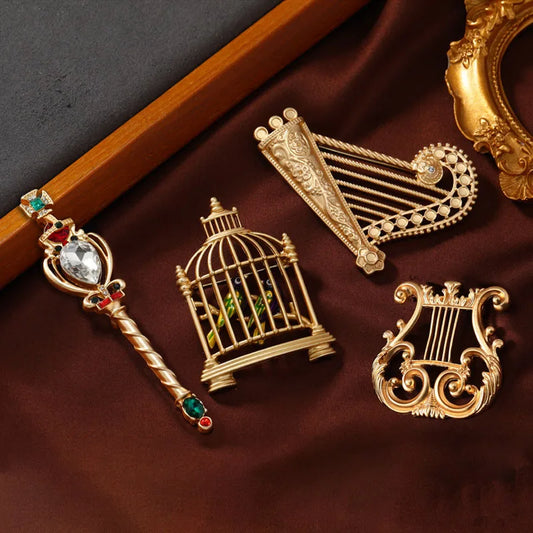 Baroque Gold Scepter Birdcage Brooch Musical Instrument Pin Accessory