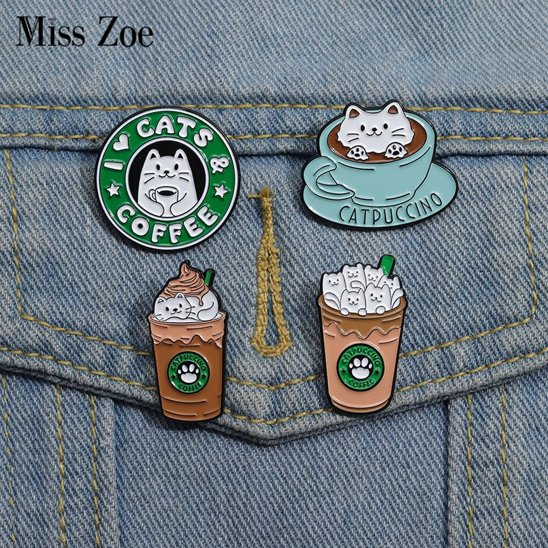 CATS COFFEE Enamel Pins Cute Cat Brooches Lapel Badges Cartoon Animal Jewelry Gift