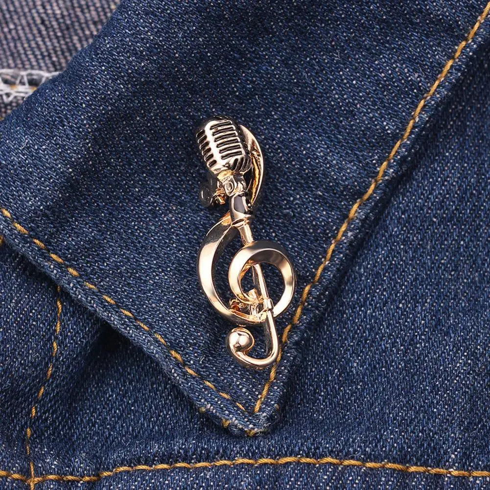 Music Note Microphone Brooch Lapel Pin Jewelry Accessory Gold Silver Alloy