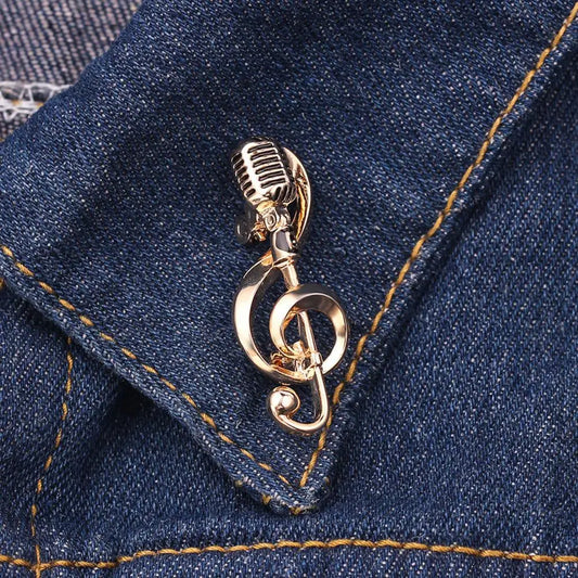 Music Note Microphone Brooch Lapel Pin Jewelry Accessory Gold Silver Alloy