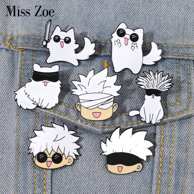 Gojo Satoru Cat Enamel Pins Custom Anime Brooches Lapel Badges Cartoon Jewelry Gift