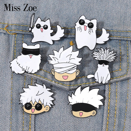Gojo Satoru Cat Enamel Pins Custom Anime Brooches Lapel Badges Cartoon Jewelry Gift