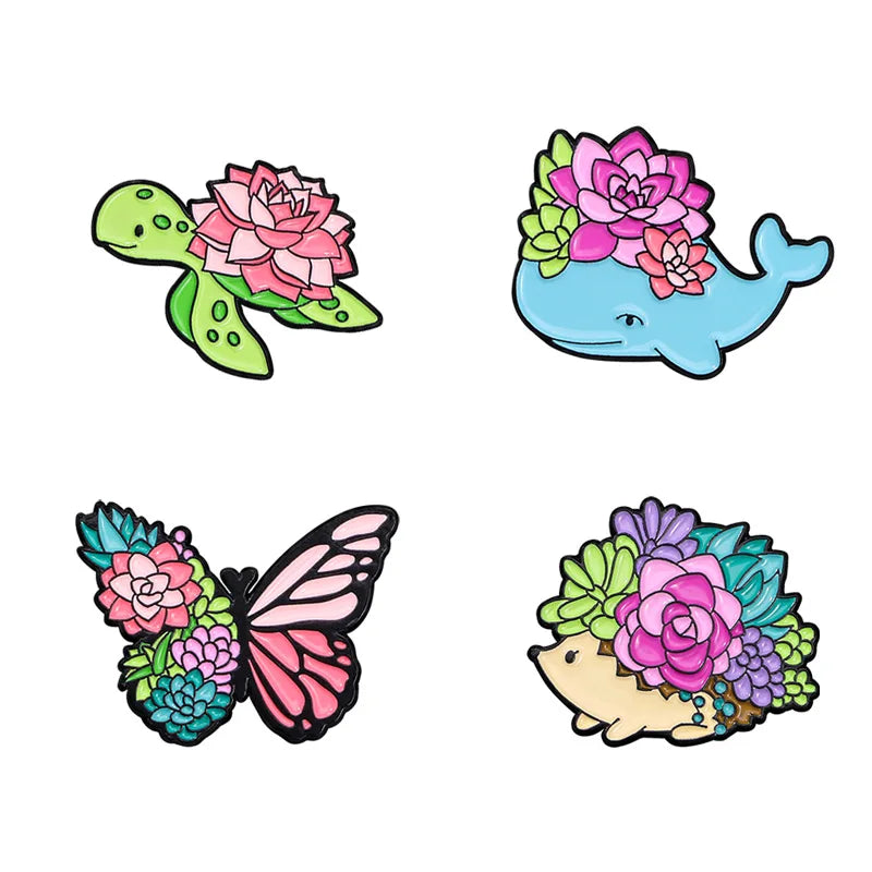 Cute Cartoon Succulent Animal Enamel Brooch Pin: Butterfly, Turtle, Hedgehog, Whale