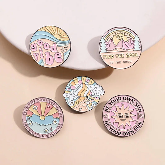 Geometric Mushroom Sun Mountain Water Enamel Brooch Pin