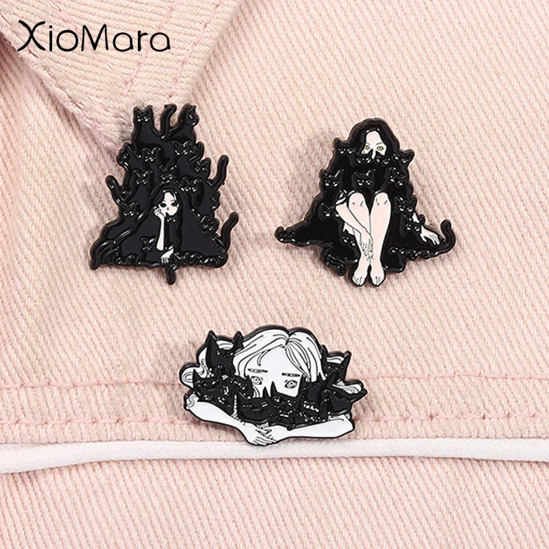 Black Cat Enamel Pin Cartoon Punk Brooch Jewelry Gift for Cat Lovers