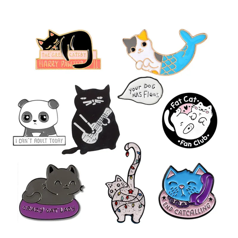 Cat Panda Brooch Enamel Pin - Cute Rose Daisy Badge Jewelry Gift