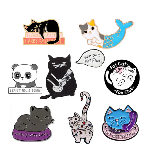 Cat Panda Brooch Enamel Pin - Cute Rose Daisy Badge Jewelry Gift