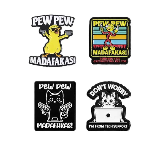 PEW PEW MADAFAKAS! Chicken Cat Killer Enamel Pin Brooch Lapel Badge Funny Jewelry Gift
