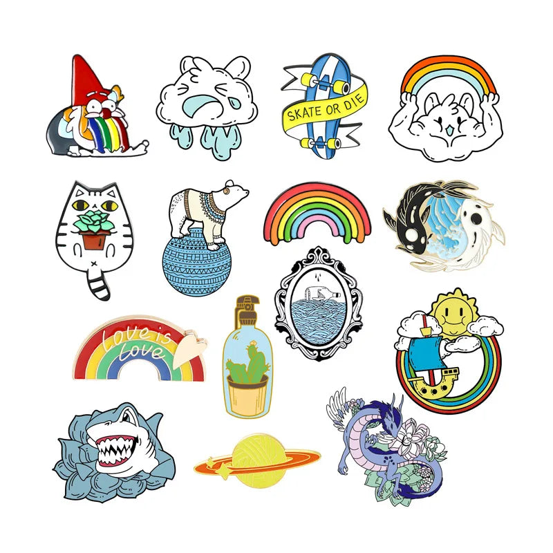 Rainbow Dinosaur Mushroom Flower Skeleton Brooch for Women Girls Backpack Badge