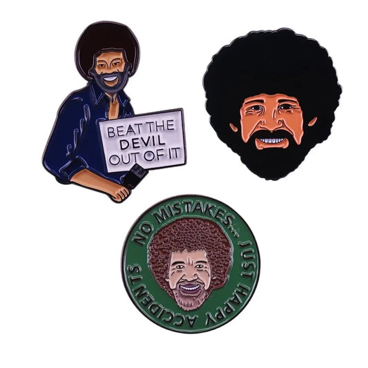 Hard Enamel Pins Artist Bob Ross Happy Accidents Lapel Brooch Jewelry Gifts