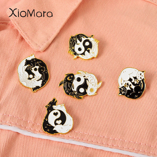 Black White Animal Enamel Pins: Cat, Fox, Koi Badges, Lapel Brooch Jewelry Gifts