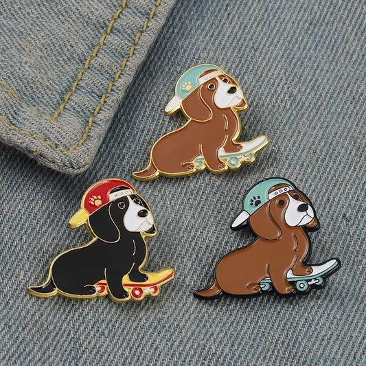 Dogs Skateboard Enamel Brooch Cute Animal Pin Kids Backpack Jewelry Accessories