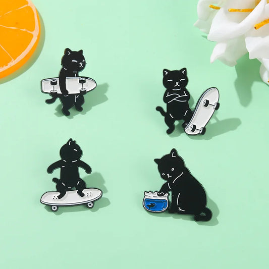 Black White Skiing Cat Enamel Pins Badges Brooch Jewelry Gift