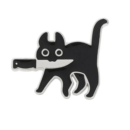 Cartoon Cat Knife Enamel Brooch Black Kitty Lapel Pin Fashion Gift