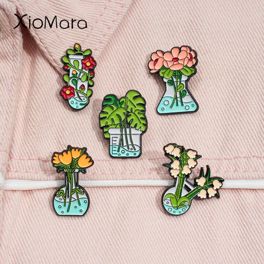 Science Lab Flower Enamel Pin Flasks Measuring Cup Plant Brooch Lapel Badge Jewelry Gift
